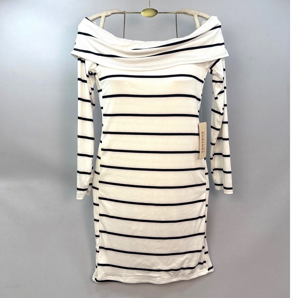 J For Justify Contour Collection White Black Striped Off Shoulder Dress Large